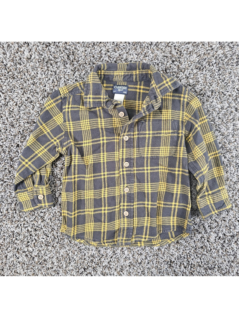Oshkosh B'Gosh Toddler Boys Sz 2T Long Sleeve Plaid Shirt Gray Yellow Button Up